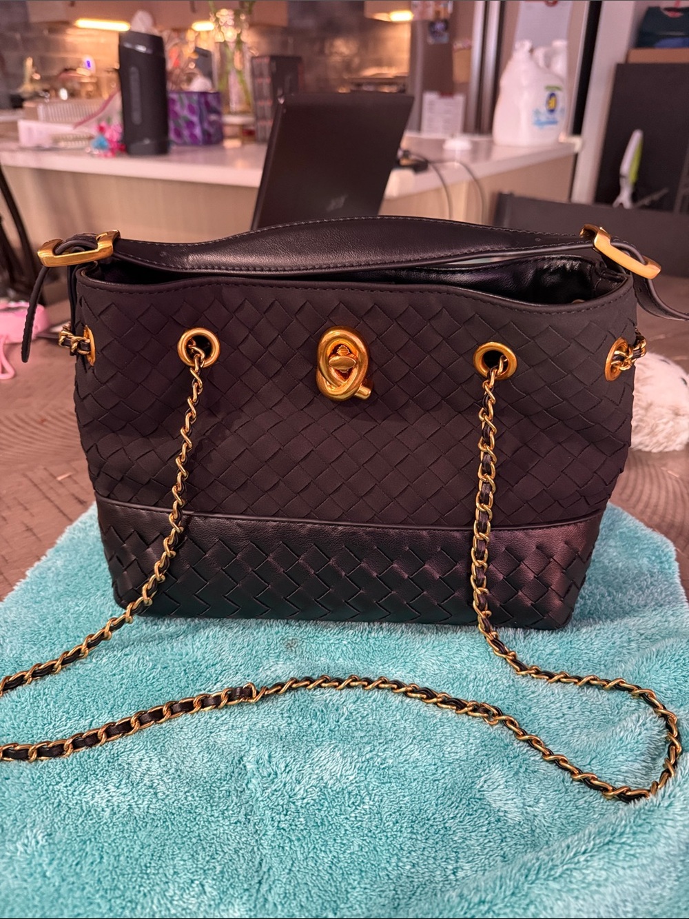 Black Woven Shoulder Bag with Gold Chain Hardware